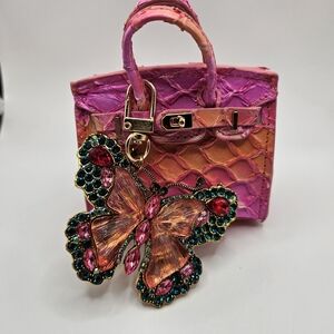 Pink and Orange Women's MiniBag with Butterfly Charms. 3 Items.